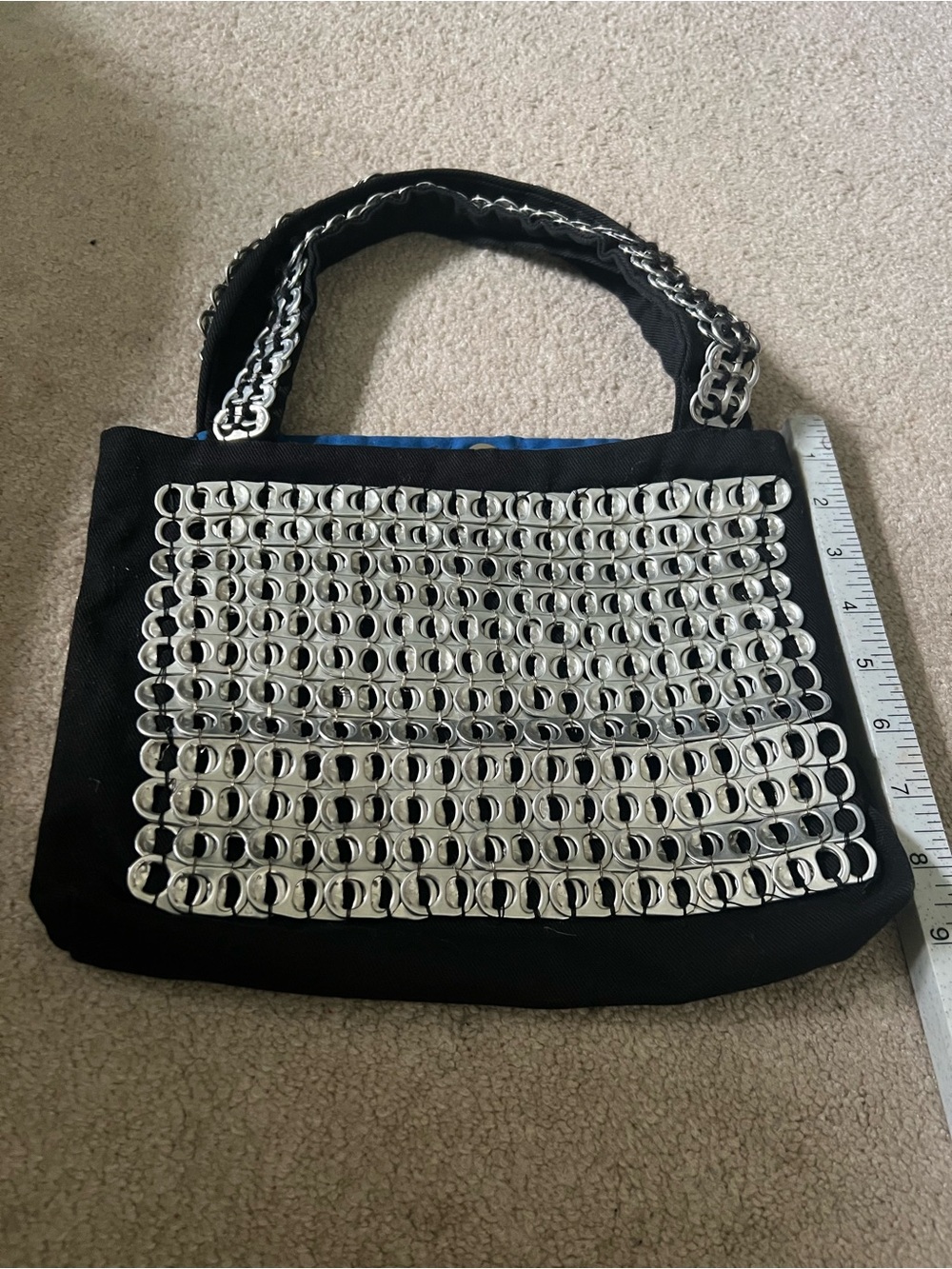Black Shoulder Bag with Silver Ring-Tab Front and Chain Handles